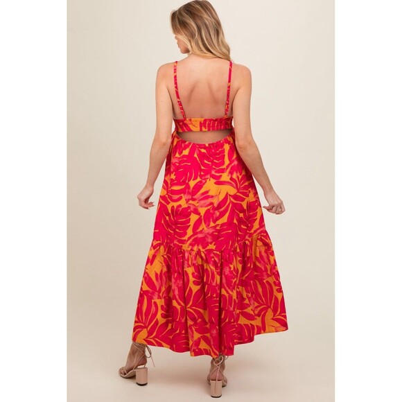 Dress Forum LA Palm Print Tiered Dress Orange + Pink Adjustable Straps Medium - Picture 10 of 10